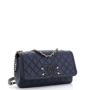 CHANEL Excellent Condition Filigree Medium Flap Quilted Caviar Bag Navy Blue
